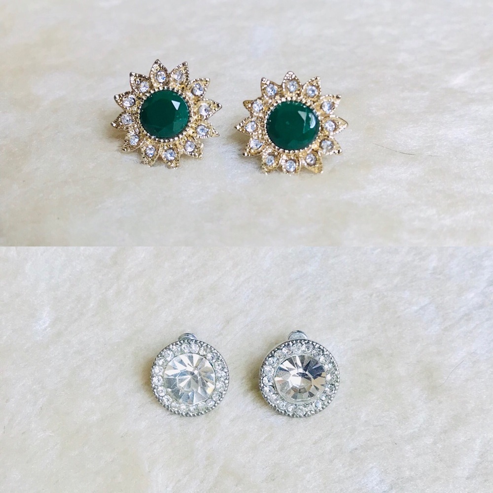 Floral Green Gem + Faux Diamond Stud Earrings Set